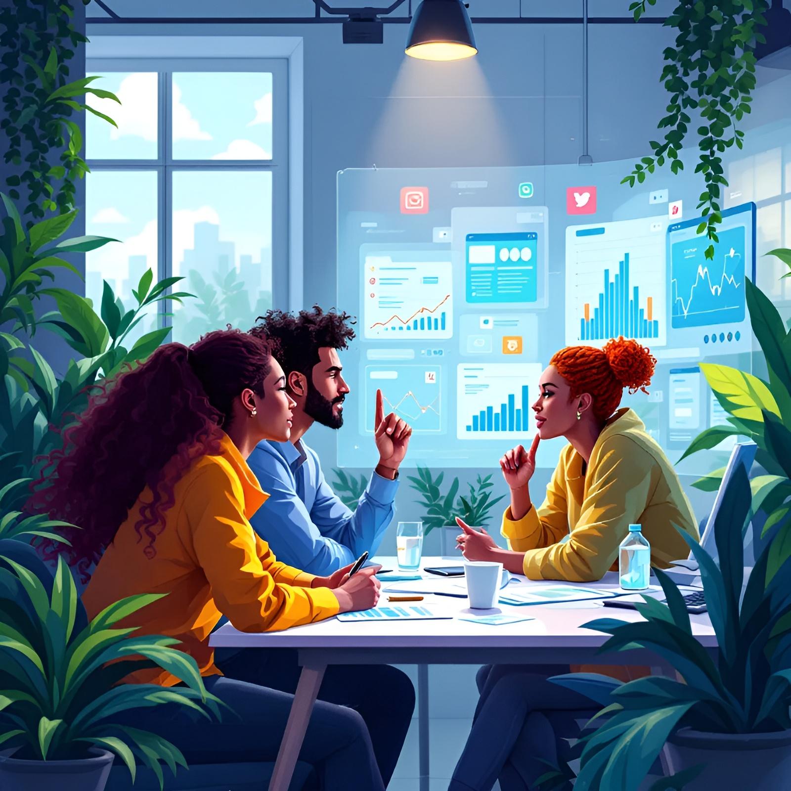 Three young professionals in a modern workspace discussing analytics, with digital screens and lush greenery around them.